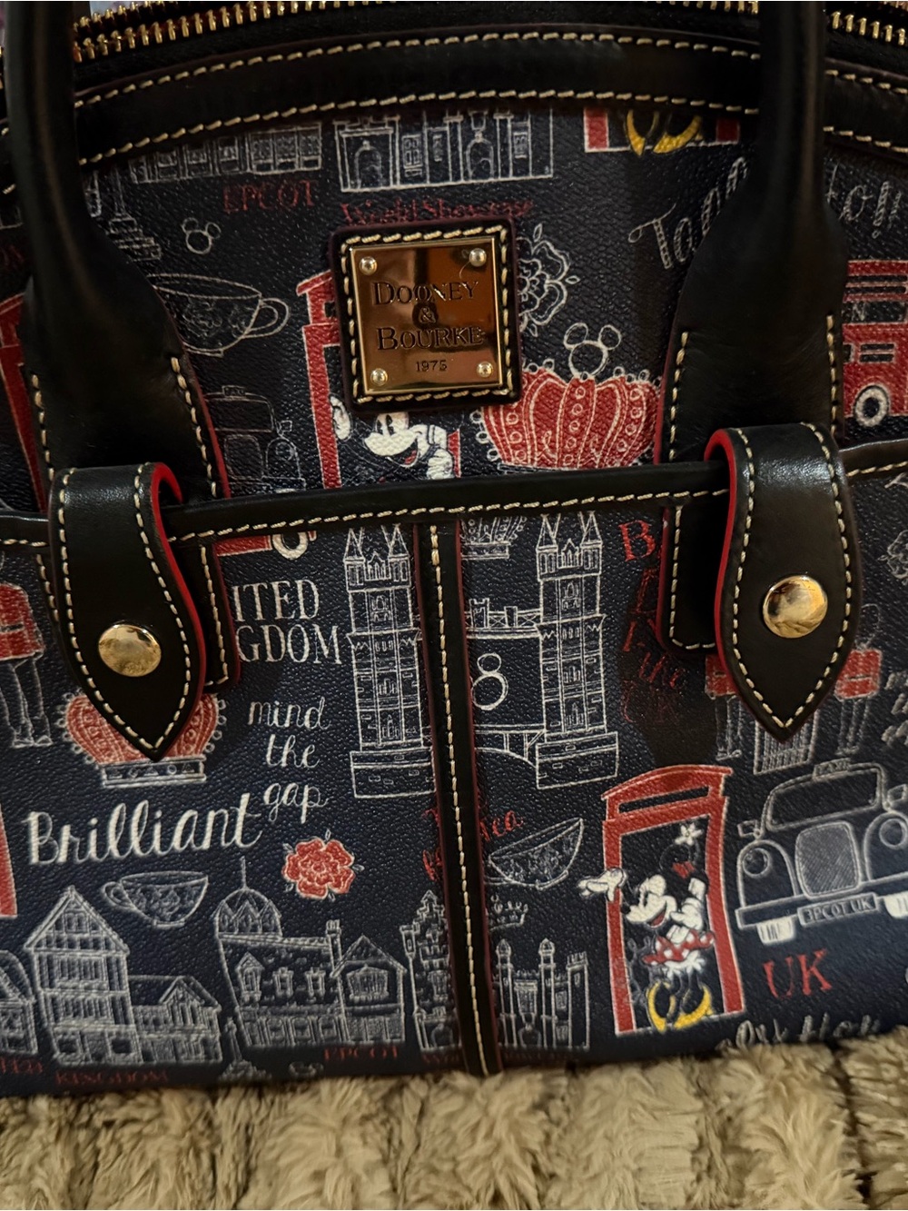 Dooney & Bourke Navy London Print Satchel with Red Accents